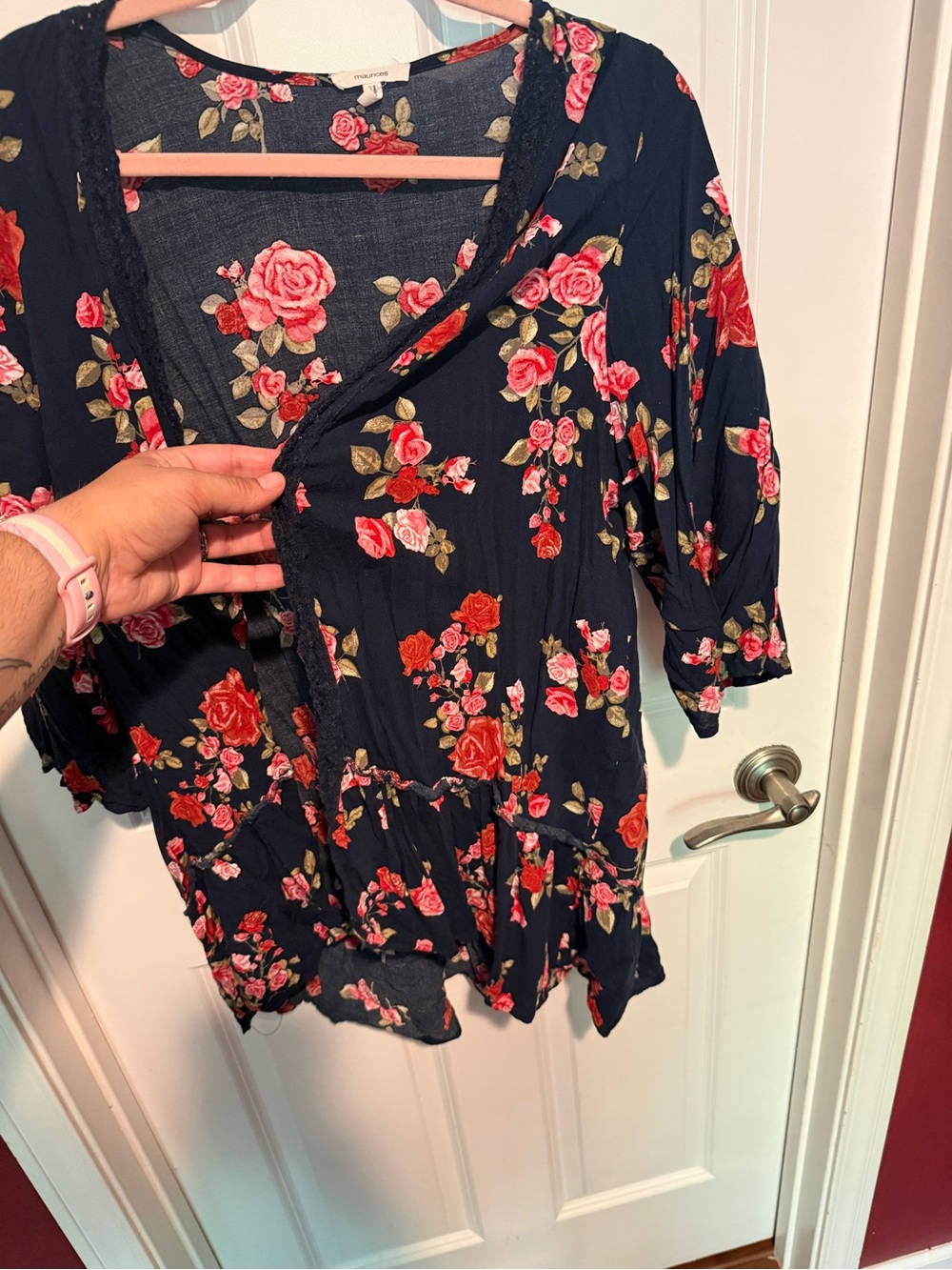 Maurices Navy Floral V-Neck Tunic with Pink and Red Roses